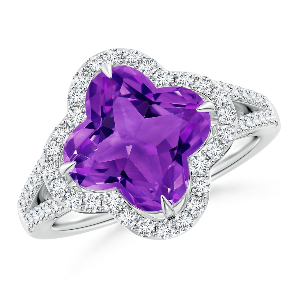 9mm AAAA Clover-Shaped Amethyst Split Shank Engagement Ring in White Gold