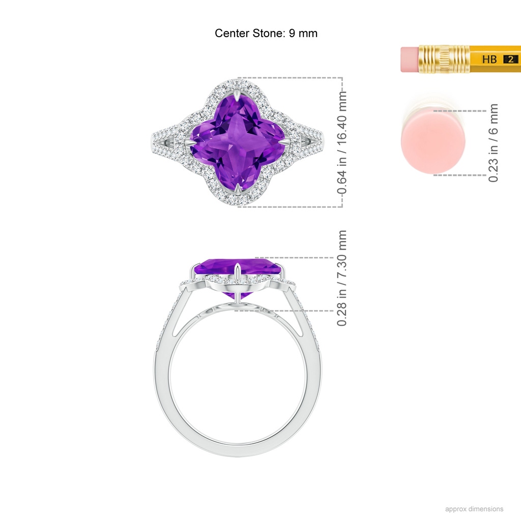 9mm AAAA Clover-Shaped Amethyst Split Shank Engagement Ring in White Gold Ruler
