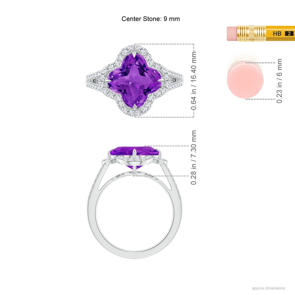 9mm AAAA Clover-Shaped Amethyst Split Shank Engagement Ring in White Gold ruler