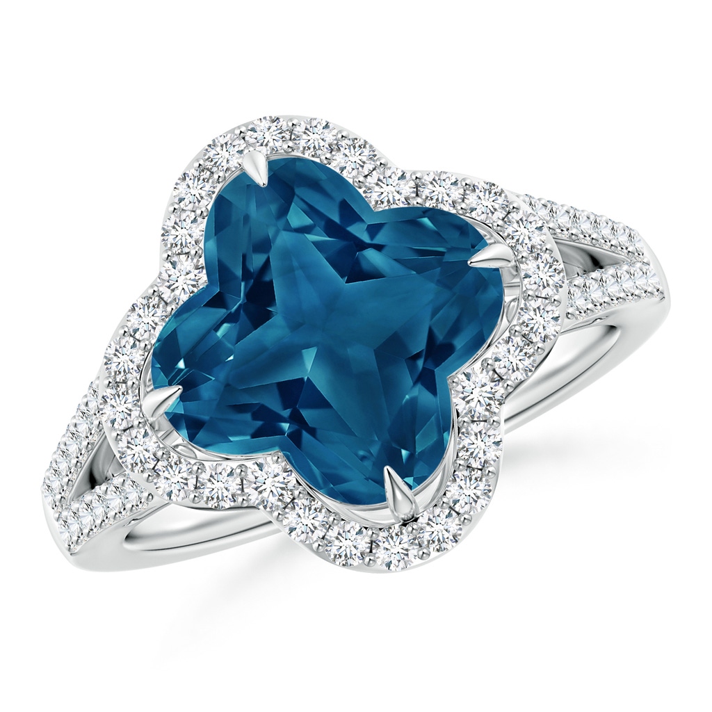 9mm AAAA Clover-Shaped London Blue Topaz Split Shank Engagement Ring in White Gold