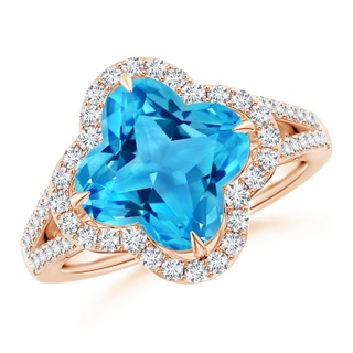 9mm AAAA Clover-Shaped Swiss Blue Topaz Split Shank Engagement Ring in Rose Gold