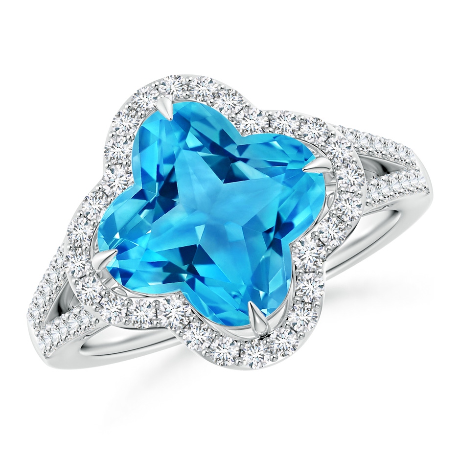 9mm AAAA Clover-Shaped Swiss Blue Topaz Split Shank Engagement Ring in White Gold 