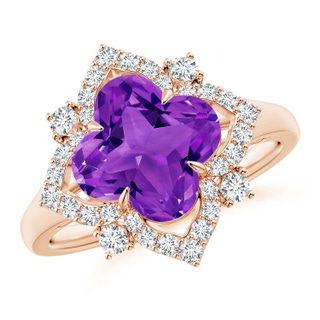 9mm AAAA Clover-Shaped Amethyst Halo Lily Ring in 10K Rose Gold