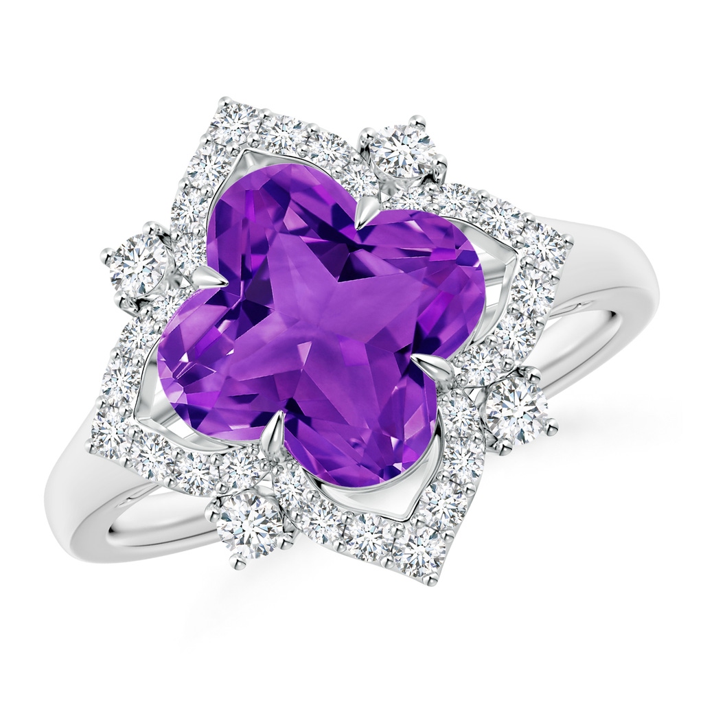 9mm AAAA Clover-Shaped Amethyst Halo Lily Ring in White Gold 