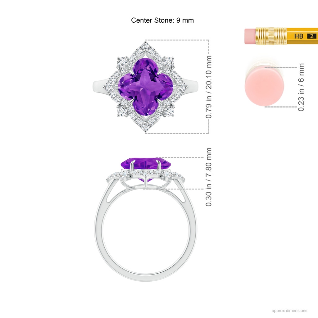 9mm AAAA Clover-Shaped Amethyst Halo Lily Ring in White Gold Ruler