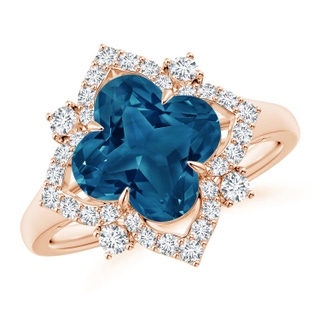 9mm AAAA Clover-Shaped London Blue Topaz Halo Lily Ring in 10K Rose Gold