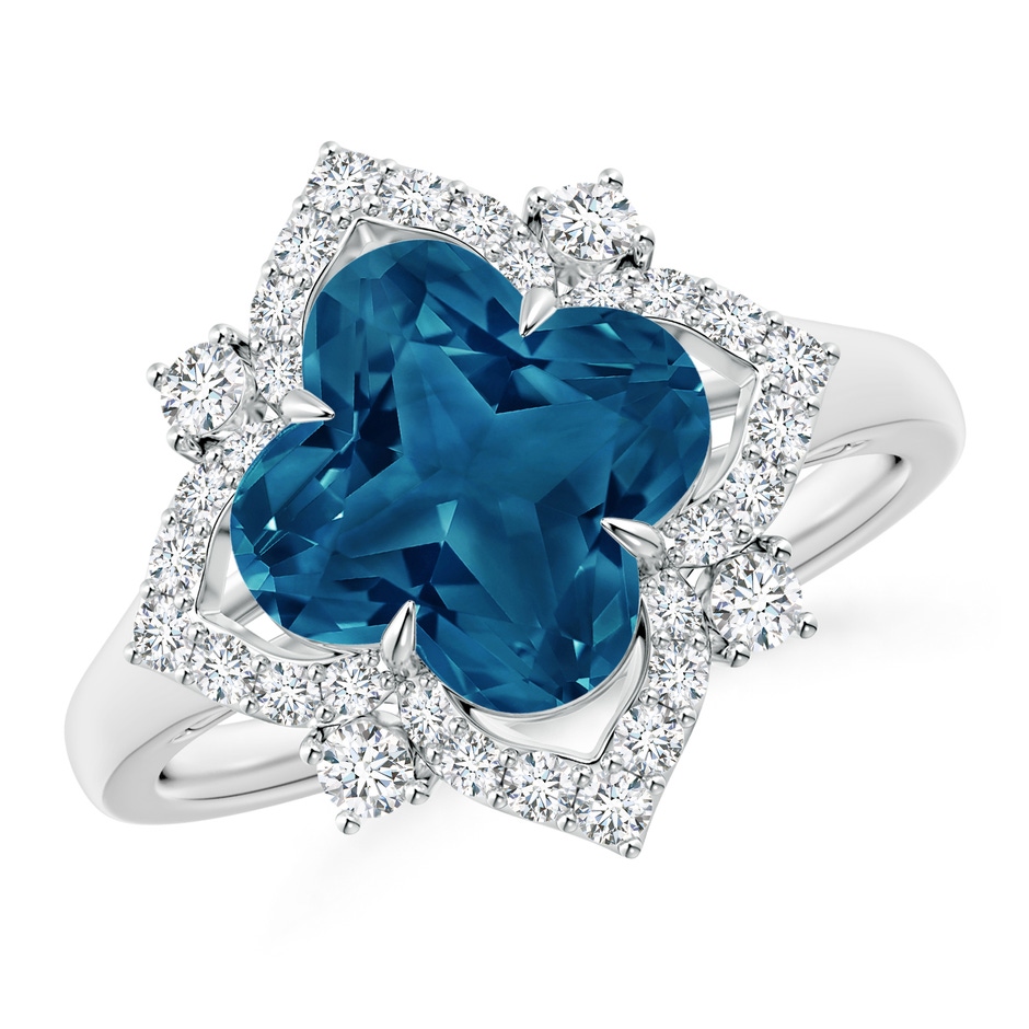 9mm AAAA Clover-Shaped London Blue Topaz Halo Lily Ring in White Gold 