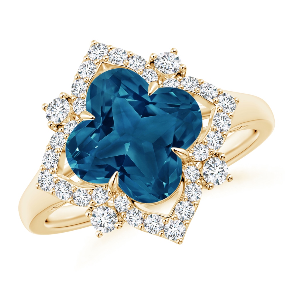 9mm AAAA Clover-Shaped London Blue Topaz Halo Lily Ring in Yellow Gold