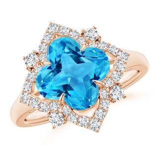 9mm AAAA Clover-Shaped Swiss Blue Topaz Halo Lily Ring in 9K Rose Gold