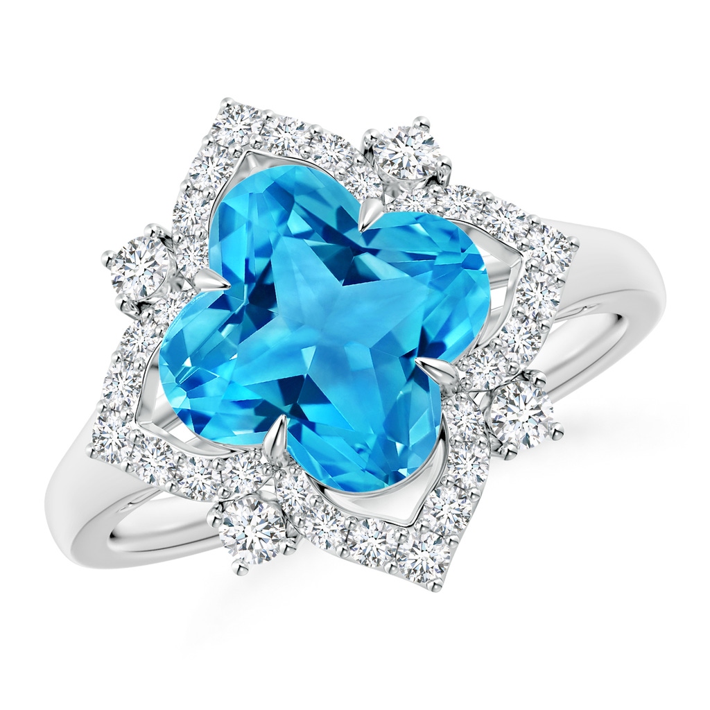 9mm AAAA Clover-Shaped Swiss Blue Topaz Halo Lily Ring in White Gold 