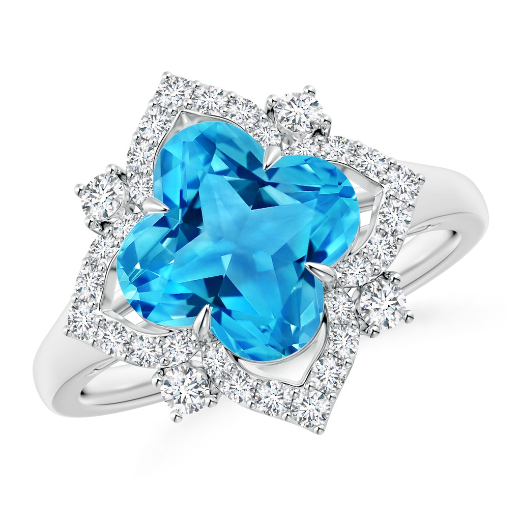 9mm AAAA Clover-Shaped Swiss Blue Topaz Halo Lily Ring in White Gold