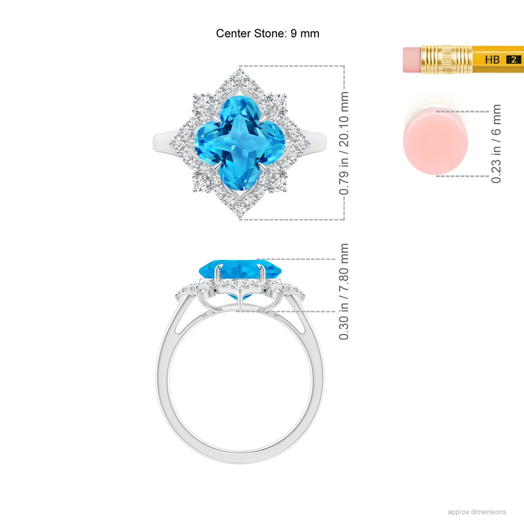 9mm AAAA Clover-Shaped Swiss Blue Topaz Halo Lily Ring in White Gold Ruler