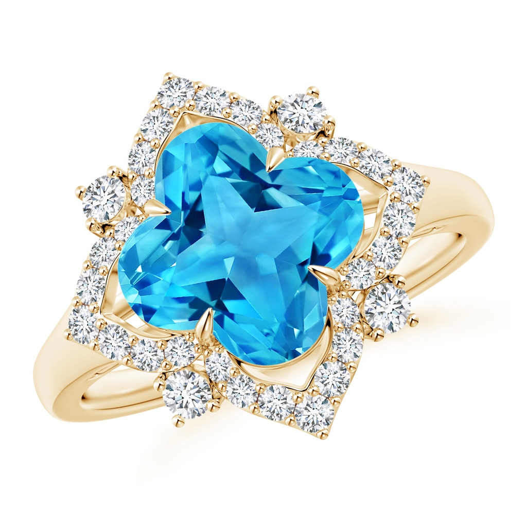 9mm AAAA Clover-Shaped Swiss Blue Topaz Halo Lily Ring in Yellow Gold