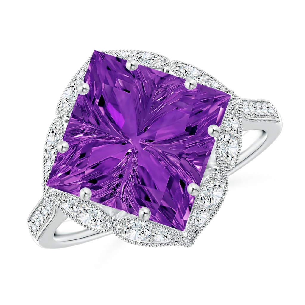 10mm AAAA Vintage Inspired Square Amethyst Ring with Diamonds in P950 Platinum