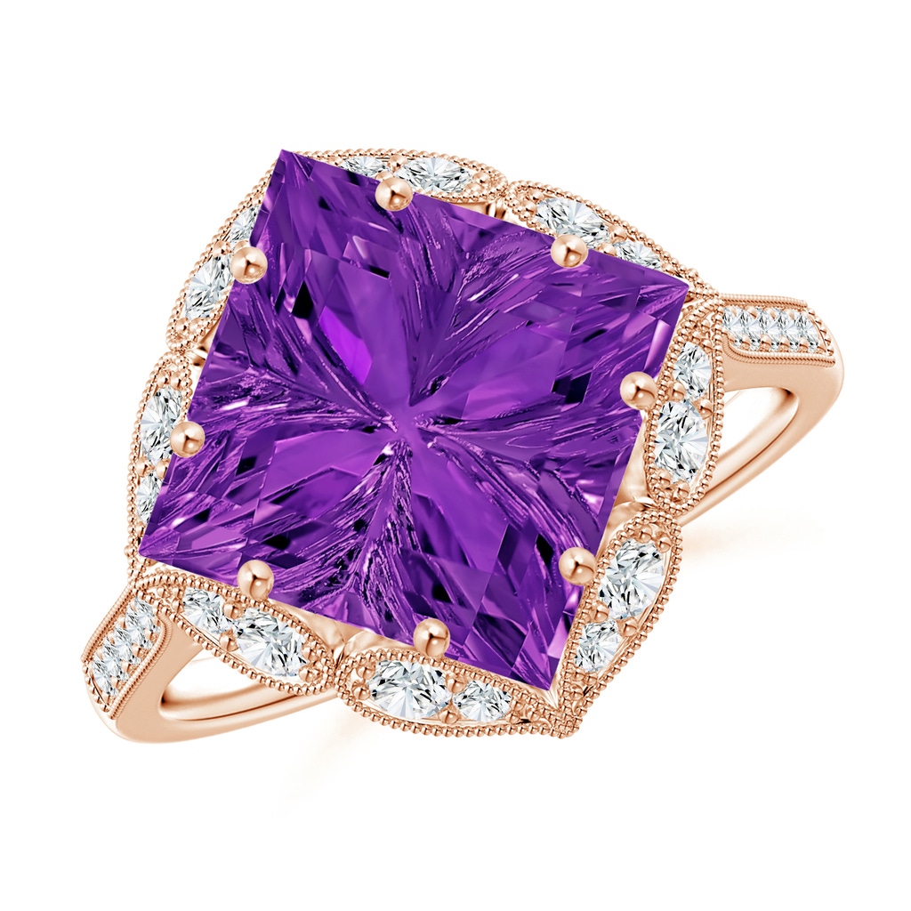 10mm AAAA Vintage Inspired Square Amethyst Ring with Diamonds in Rose Gold