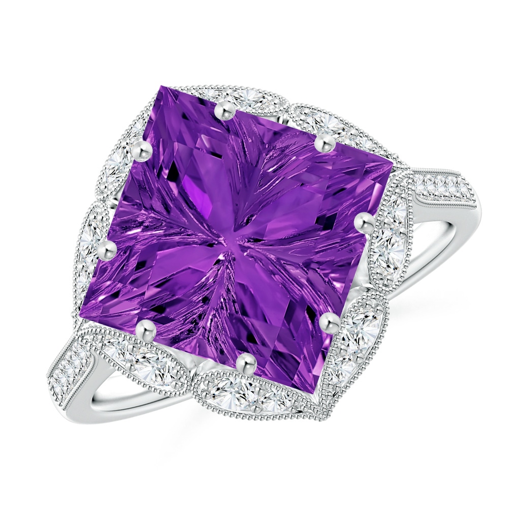 10mm AAAA Vintage Inspired Square Amethyst Ring with Diamonds in White Gold