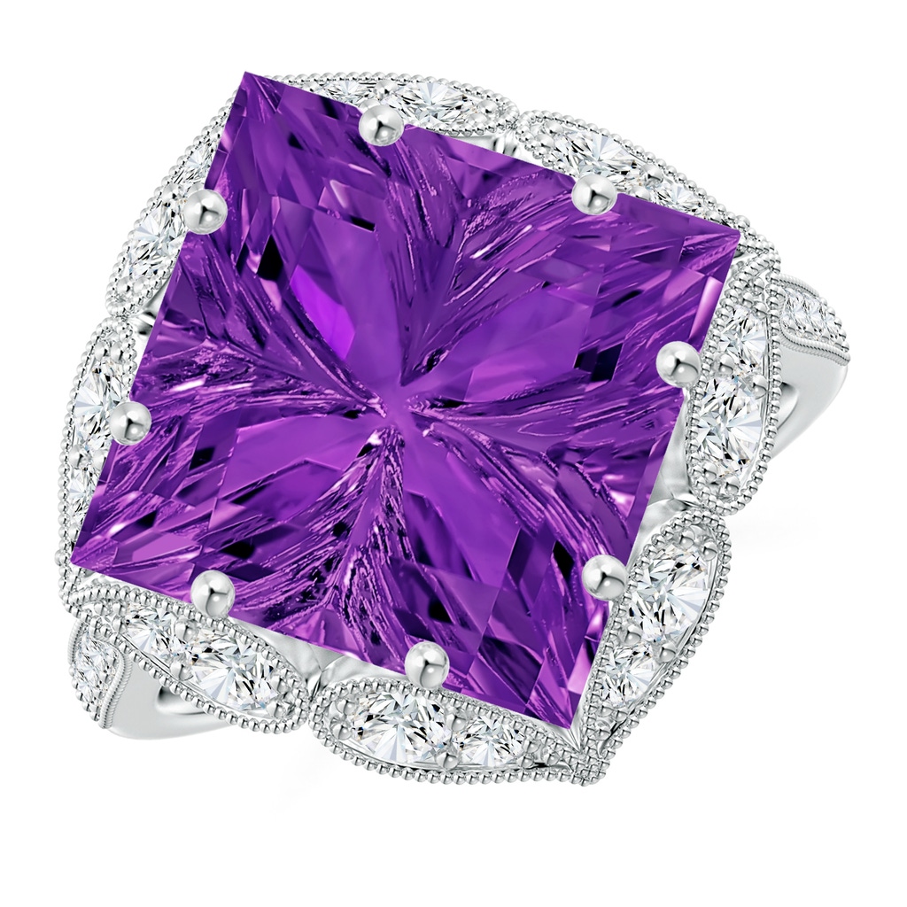 12mm AAAA Vintage Inspired Square Amethyst Ring with Diamonds in White Gold