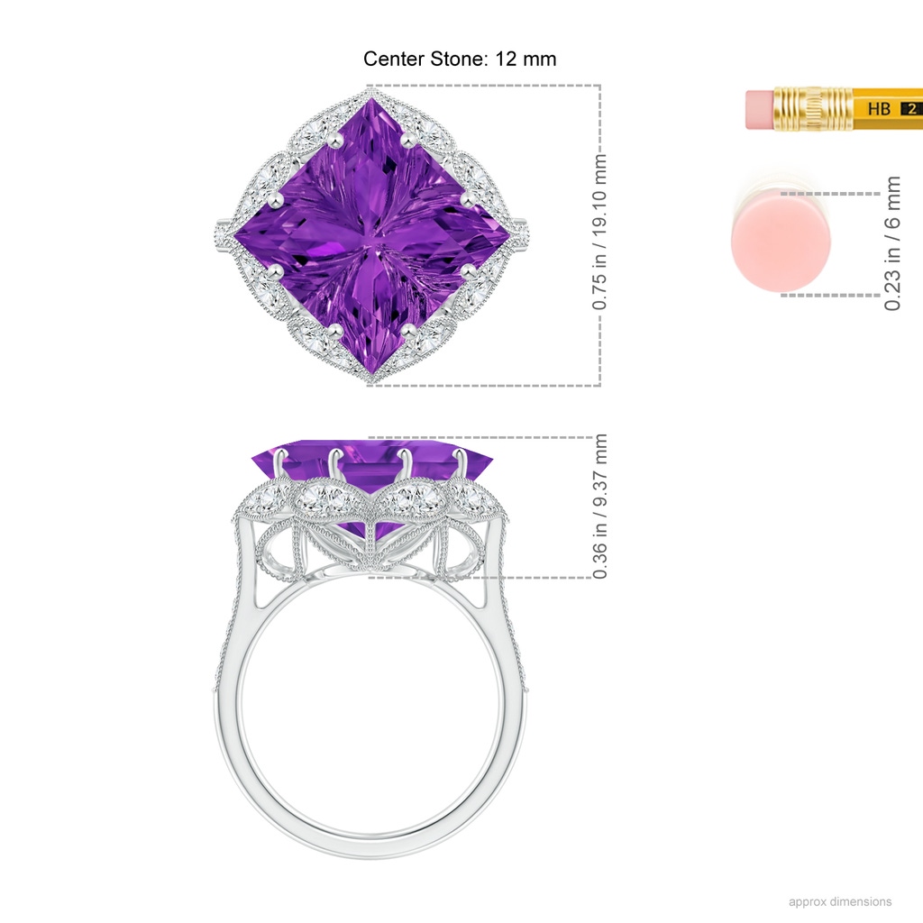 12mm AAAA Vintage Inspired Square Amethyst Ring with Diamonds in White Gold Ruler