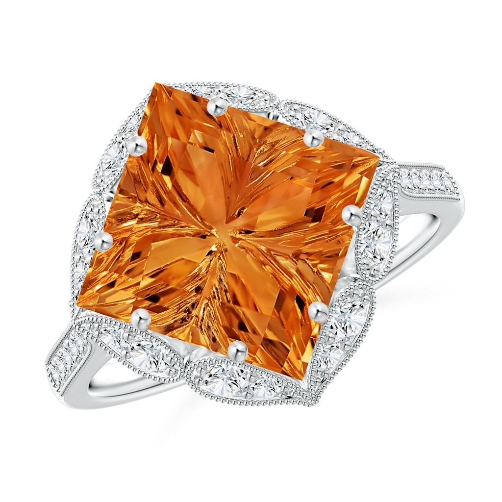 10mm AAAA Vintage Inspired Square Citrine Ring with Diamonds in P950 Platinum