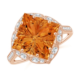 10mm AAAA Vintage Inspired Square Citrine Ring with Diamonds in Rose Gold