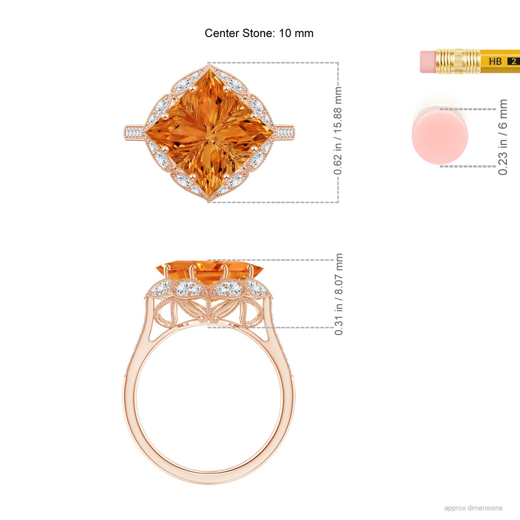 10mm AAAA Vintage Inspired Square Citrine Ring with Diamonds in Rose Gold Ruler