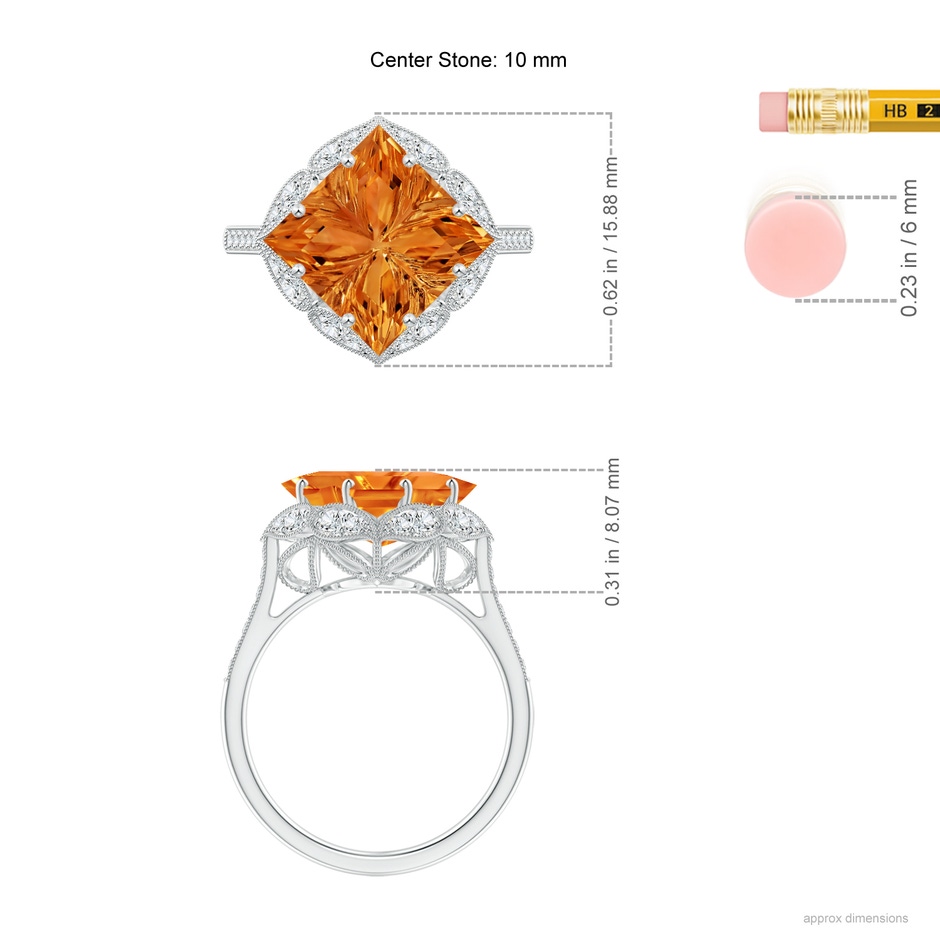 10mm AAAA Vintage Inspired Square Citrine Ring with Diamonds in White Gold ruler