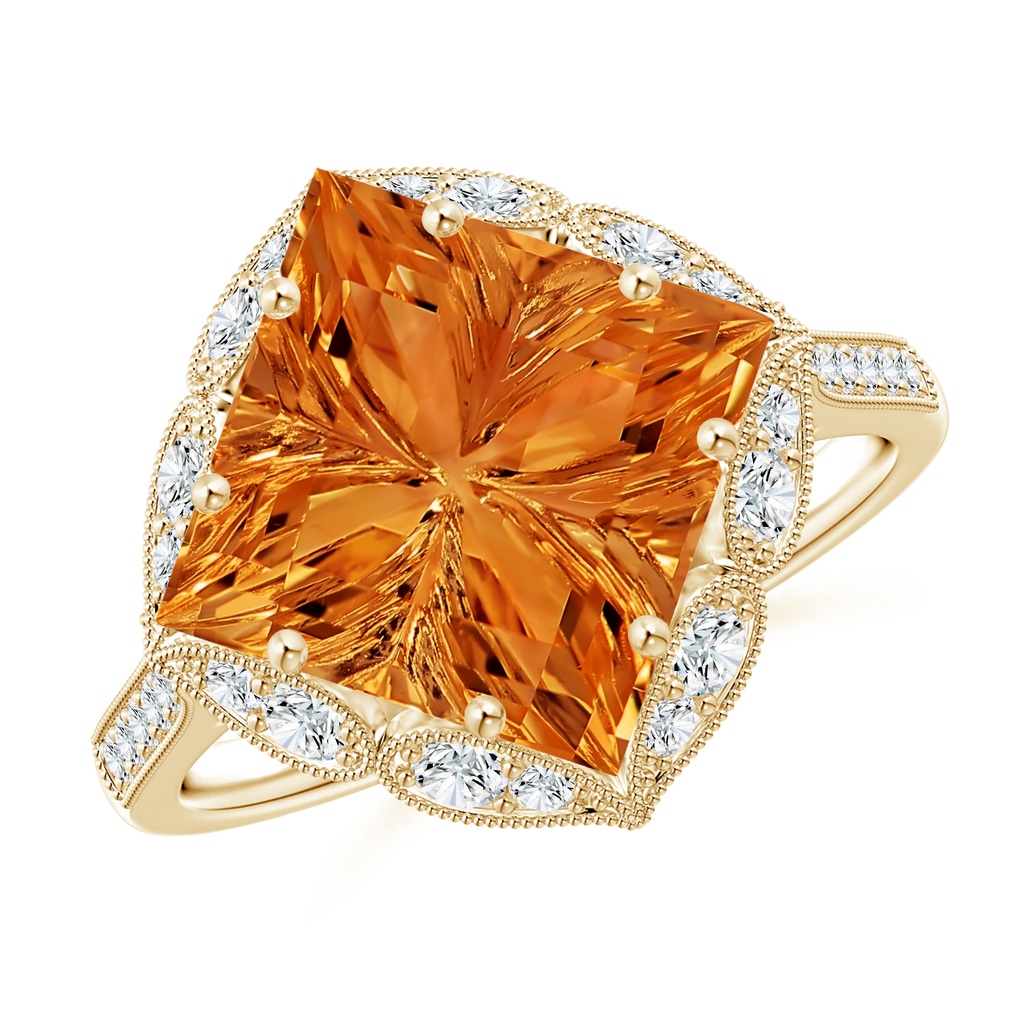 10mm AAAA Vintage Inspired Square Citrine Ring with Diamonds in Yellow Gold