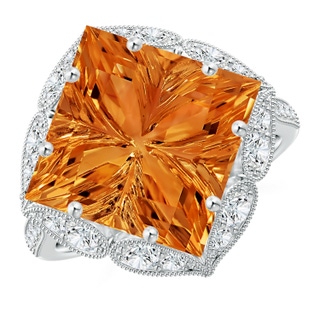 12mm AAAA Vintage Inspired Square Citrine Ring with Diamonds in P950 Platinum