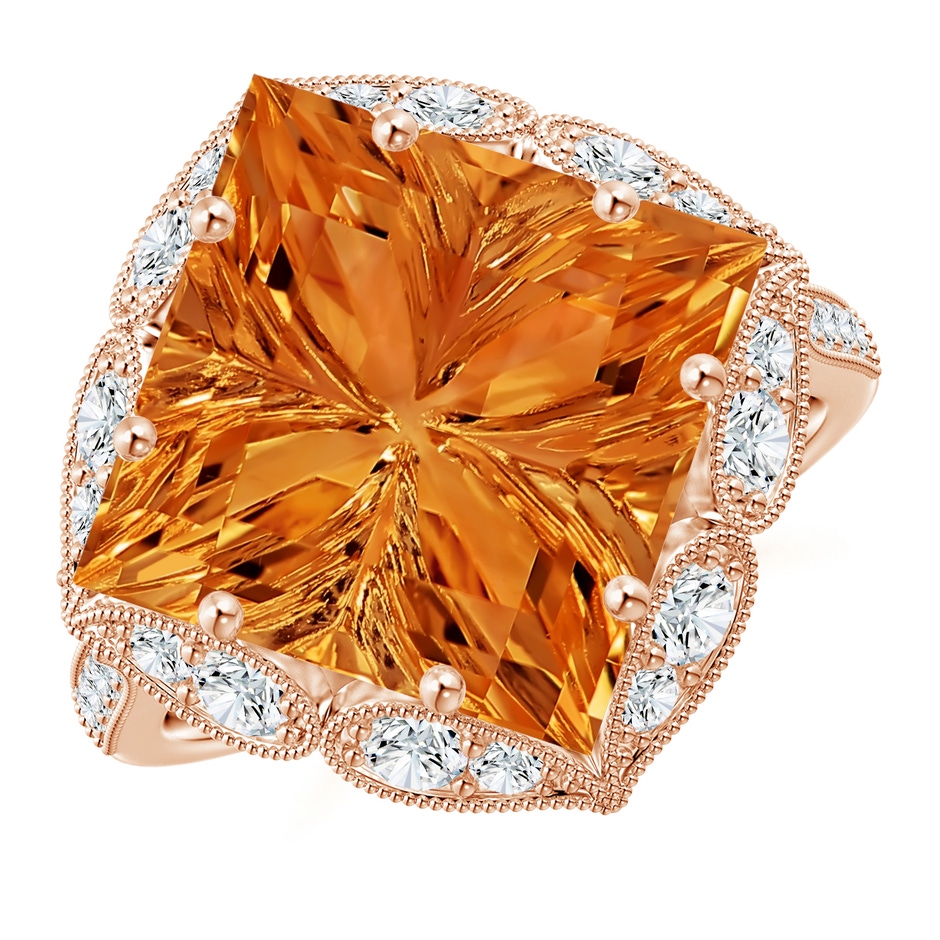 12mm AAAA Vintage Inspired Square Citrine Ring with Diamonds in Rose Gold 