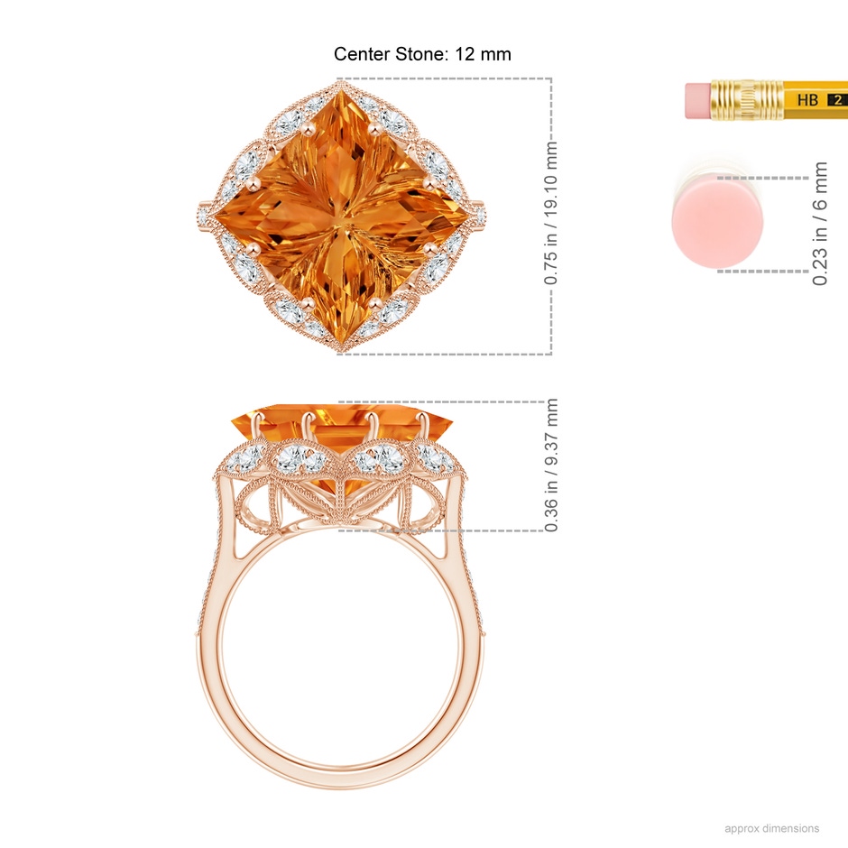 12mm AAAA Vintage Inspired Square Citrine Ring with Diamonds in Rose Gold ruler