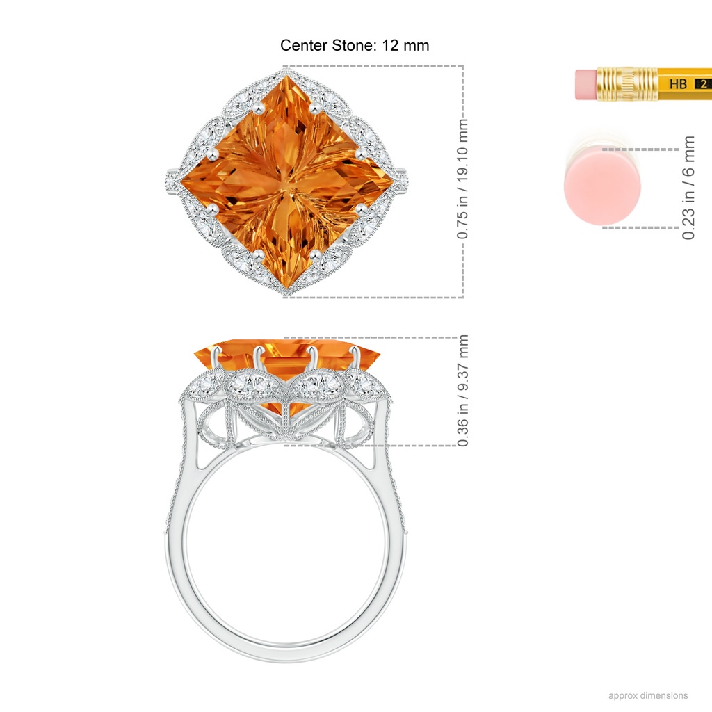 12mm AAAA Vintage Inspired Square Citrine Ring with Diamonds in White Gold Ruler