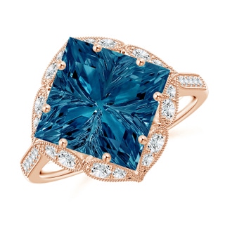 10mm AAAA Vintage Inspired Square London Blue Topaz Ring with Diamonds in Rose Gold