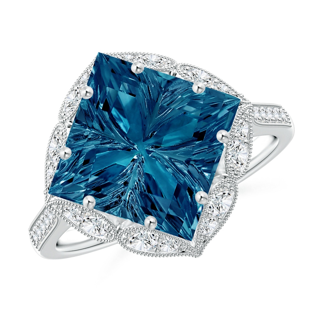 10mm AAAA Vintage Inspired Square London Blue Topaz Ring with Diamonds in White Gold