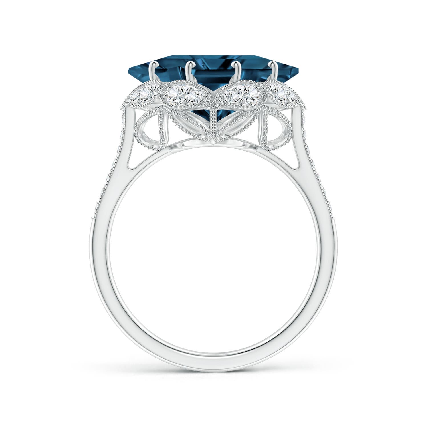 10mm AAAA Vintage Inspired Square London Blue Topaz Ring with Diamonds in White Gold - side 2