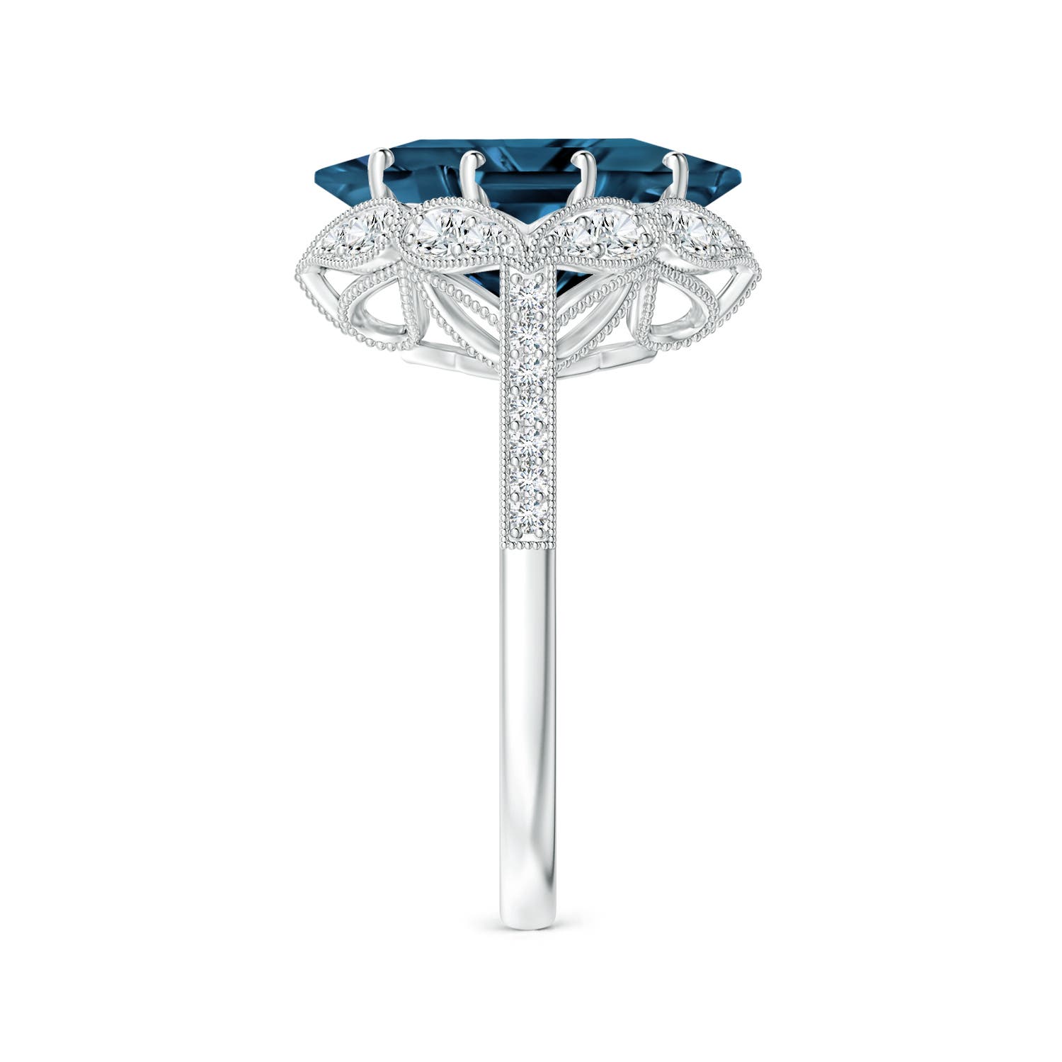 10mm AAAA Vintage Inspired Square London Blue Topaz Ring with Diamonds in White Gold - side 3