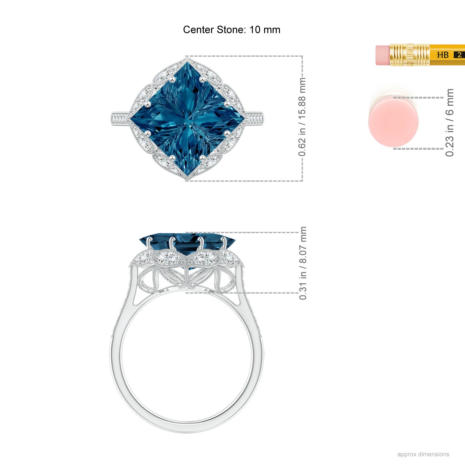 10mm AAAA Vintage Inspired Square London Blue Topaz Ring with Diamonds in White Gold - ruler
