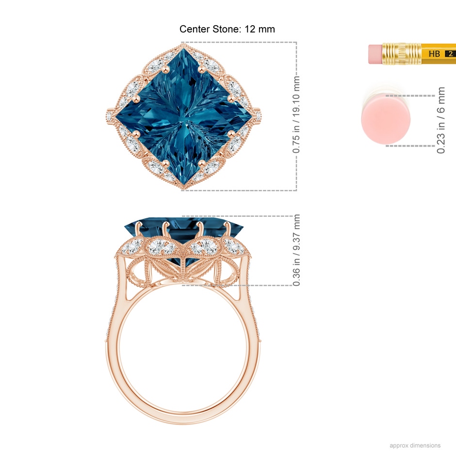 12mm AAAA Vintage Inspired Square London Blue Topaz Ring with Diamonds in Rose Gold ruler