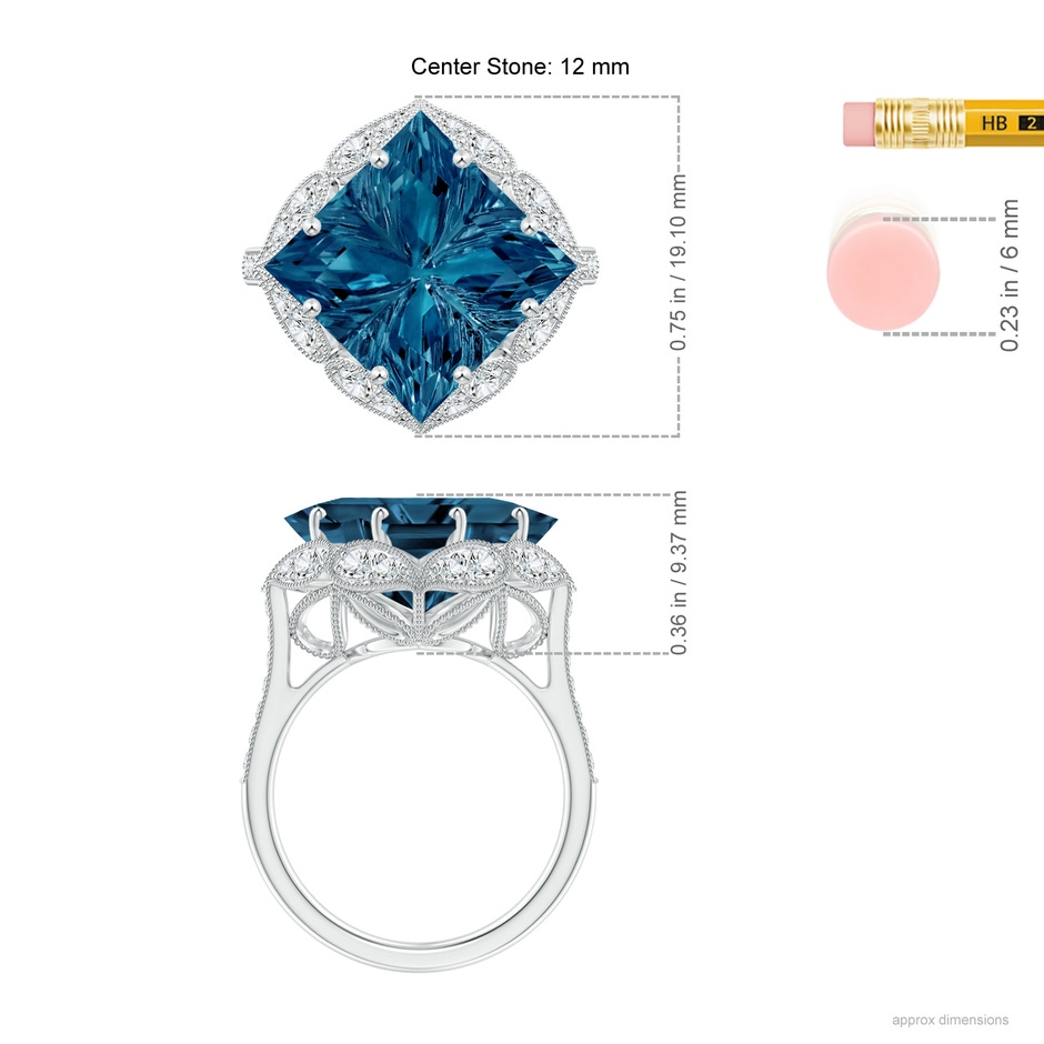 12mm AAAA Vintage Inspired Square London Blue Topaz Ring with Diamonds in White Gold ruler