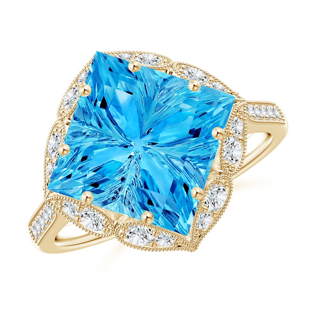 10mm AAAA Vintage Inspired Square Swiss Blue Topaz Ring with Diamonds in Yellow Gold