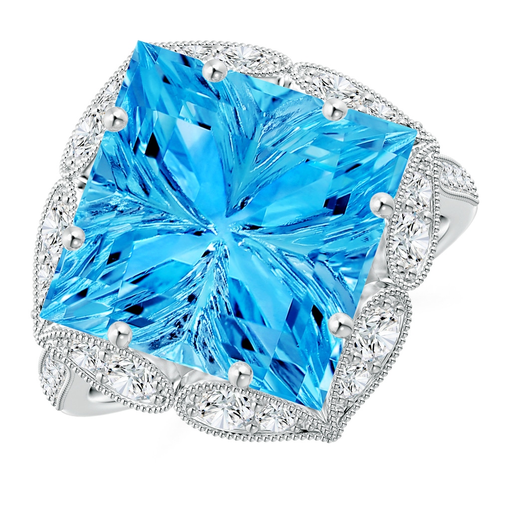 12mm AAAA Vintage Inspired Square Swiss Blue Topaz Ring with Diamonds in White Gold 