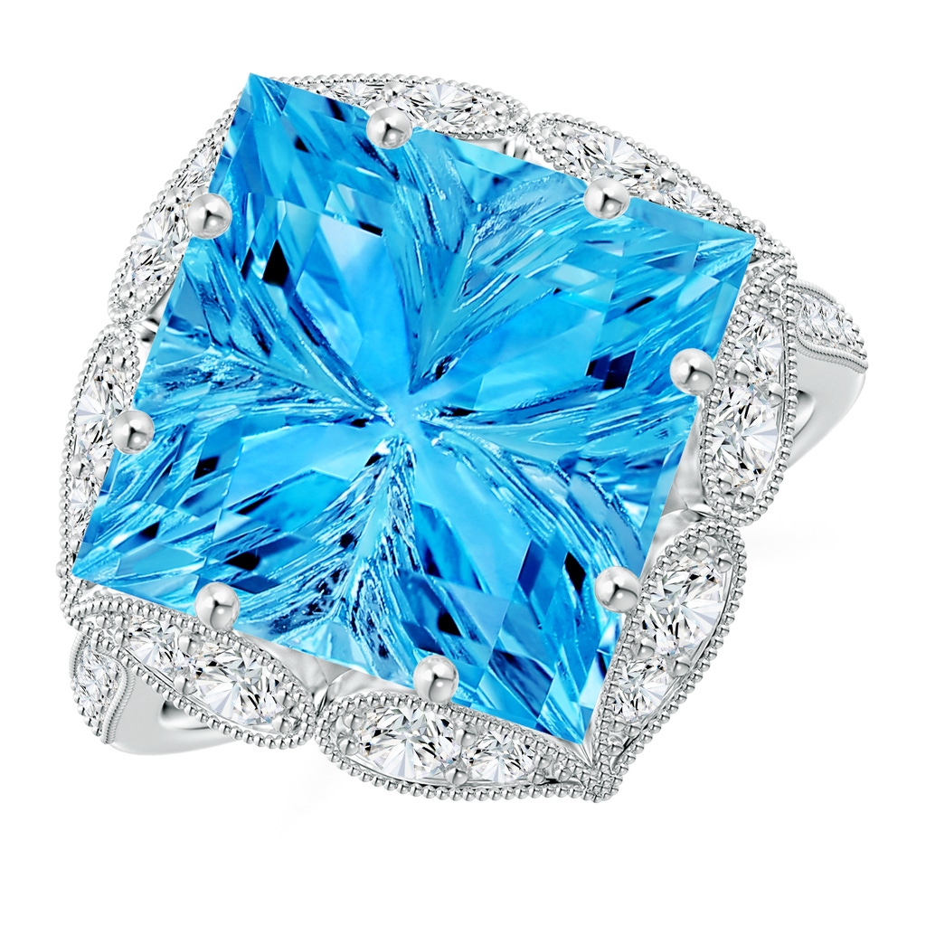 12mm AAAA Vintage Inspired Square Swiss Blue Topaz Ring with Diamonds in White Gold