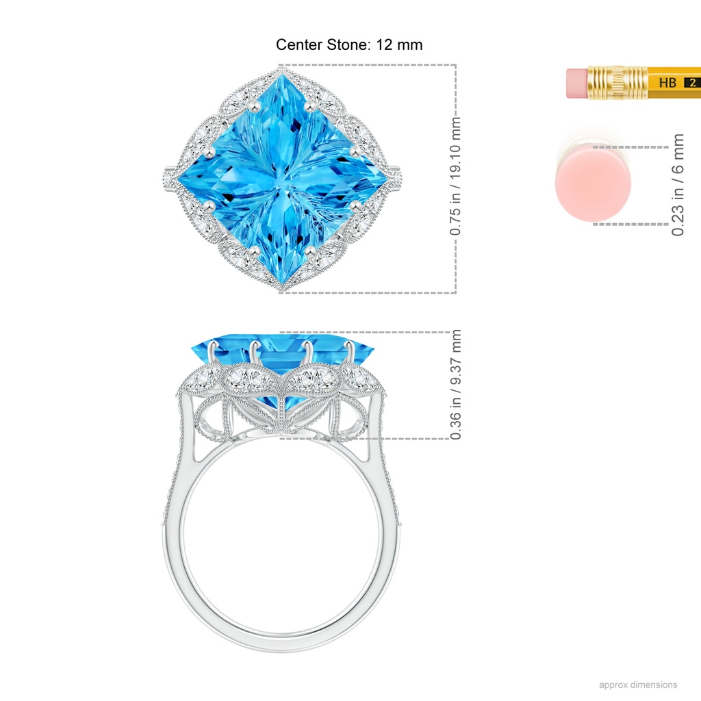12mm AAAA Vintage Inspired Square Swiss Blue Topaz Ring with Diamonds in White Gold Ruler