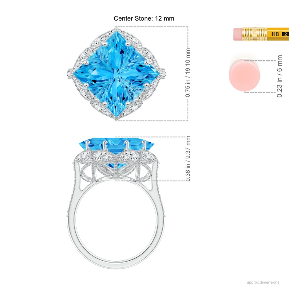 12mm AAAA Vintage Inspired Square Swiss Blue Topaz Ring with Diamonds in White Gold ruler