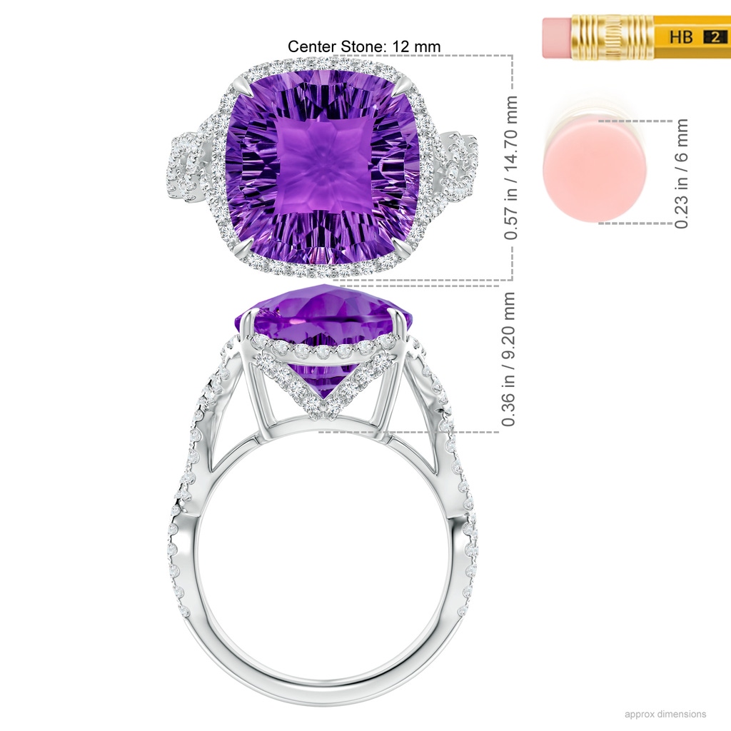 12mm AAAA Cushion Amethyst Infinity Shank Ring with Diamonds in White Gold Ruler
