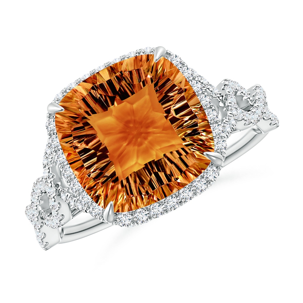 10mm AAAA Cushion Citrine Infinity Shank Ring with Diamonds in White Gold