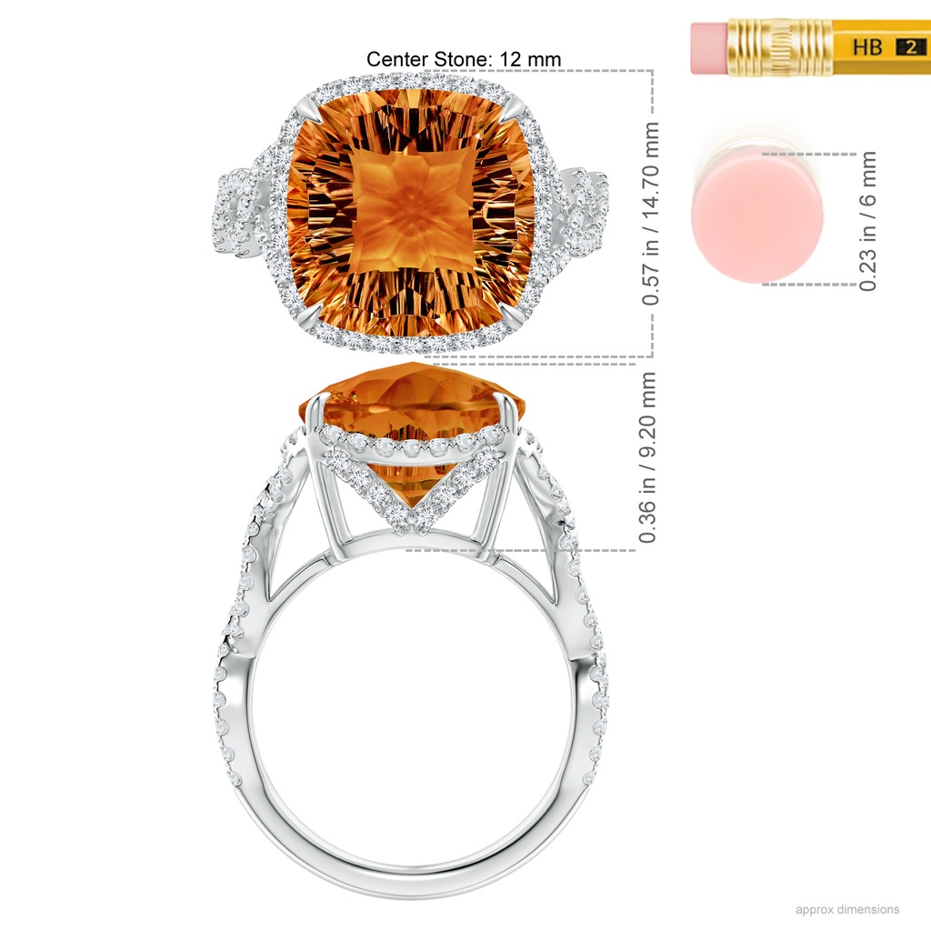 12mm AAAA Cushion Citrine Infinity Shank Ring with Diamonds in White Gold Ruler