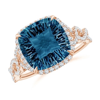 10mm AAAA Cushion London Blue Topaz Infinity Shank Ring with Diamonds in Rose Gold