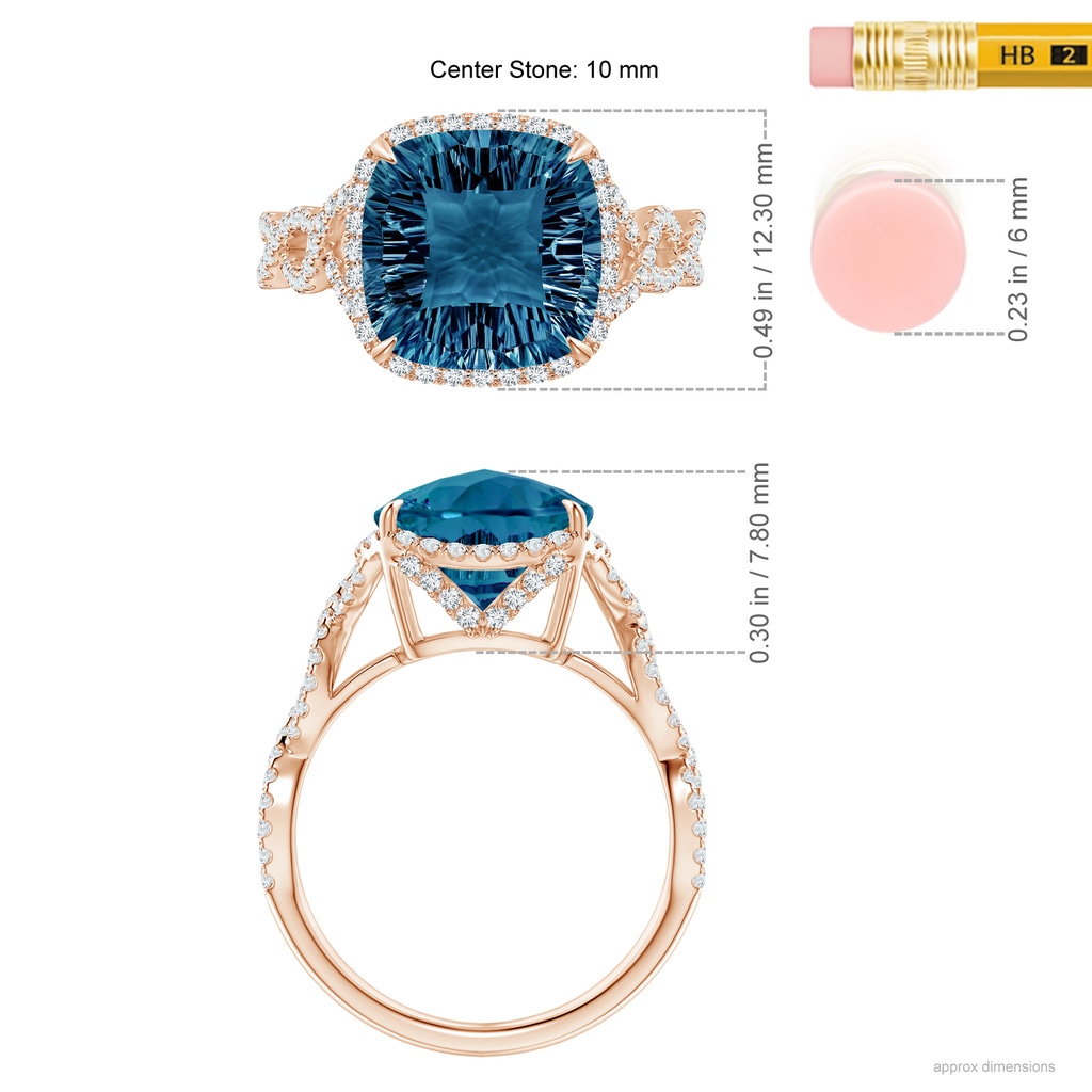 10mm AAAA Cushion London Blue Topaz Infinity Shank Ring with Diamonds in Rose Gold Ruler