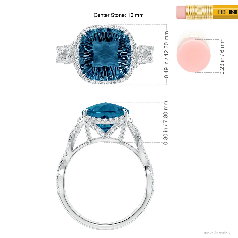 10mm AAAA Cushion London Blue Topaz Infinity Shank Ring with Diamonds in White Gold ruler