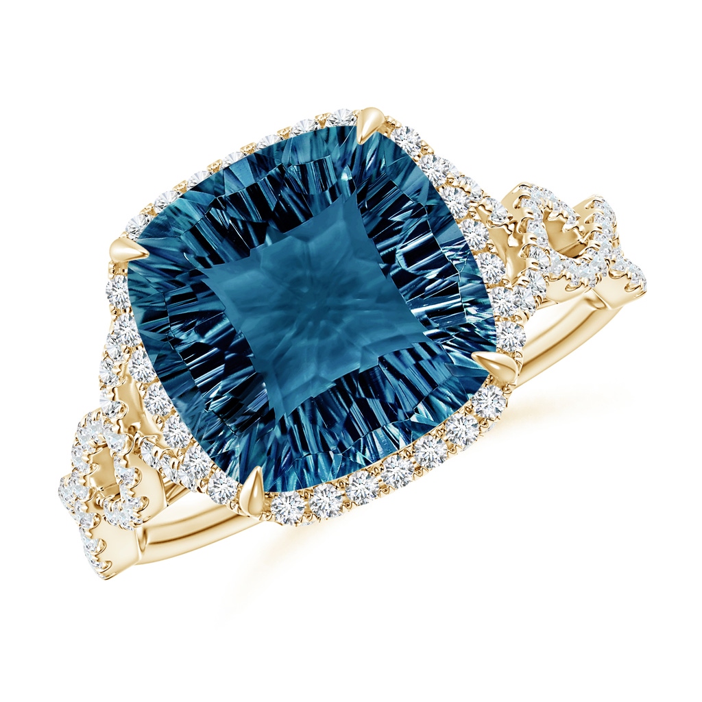 10mm AAAA Cushion London Blue Topaz Infinity Shank Ring with Diamonds in Yellow Gold